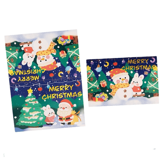 Carte de Noël personnalisée – Bonhomme de neige & Lapin – Message personnalisé